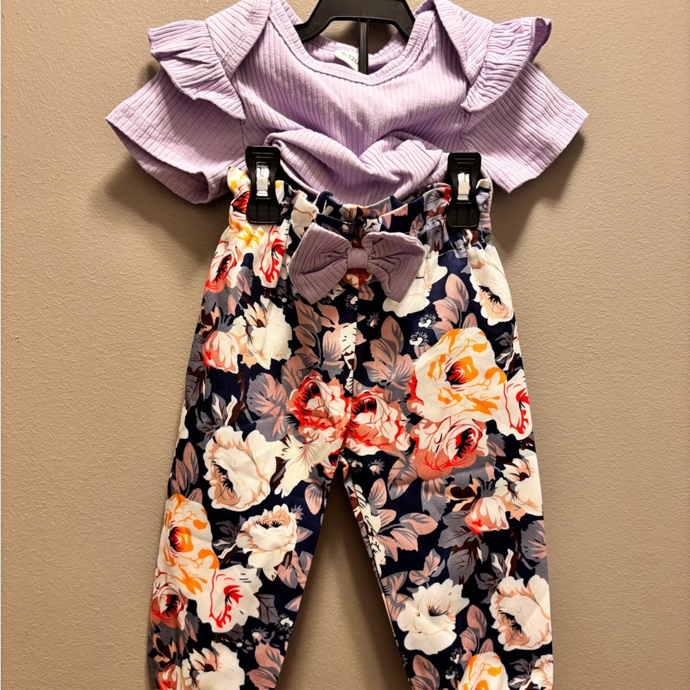 Floral Kids Leggings Set with Bow - Purple and Multicolor